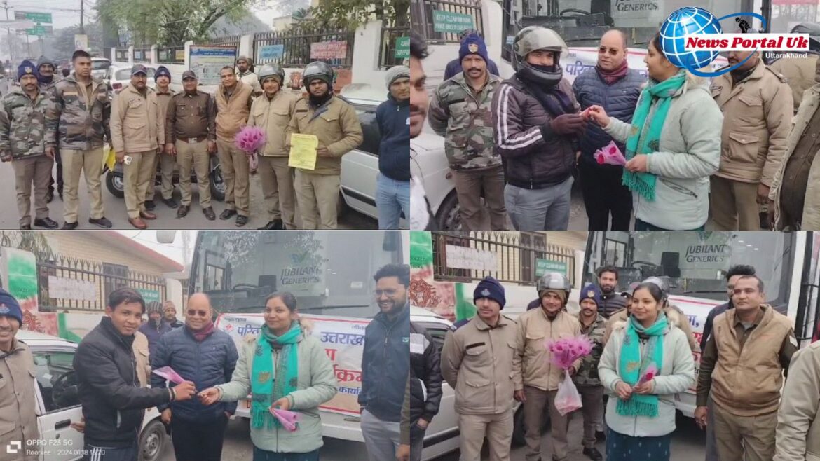 परिवहन विभाग ने चलाया अभियान,नियम तोड़ने वालों को दिया गुलाब का फूल