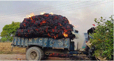 बिंदुखत्ता क्षेत्र में गेहूं से लदी ट्राली बनी आग का गोला 15 कुंतल से ऊपर गेहूं स्वाहा