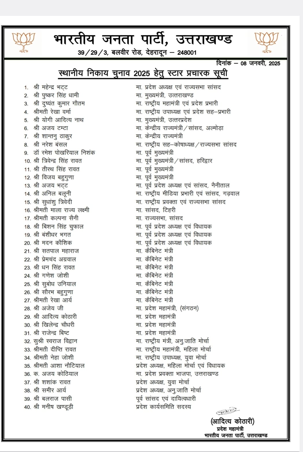 निकाय चुनावों के लिए भाजपा ने जारी की स्टार प्रचारकों की सूची