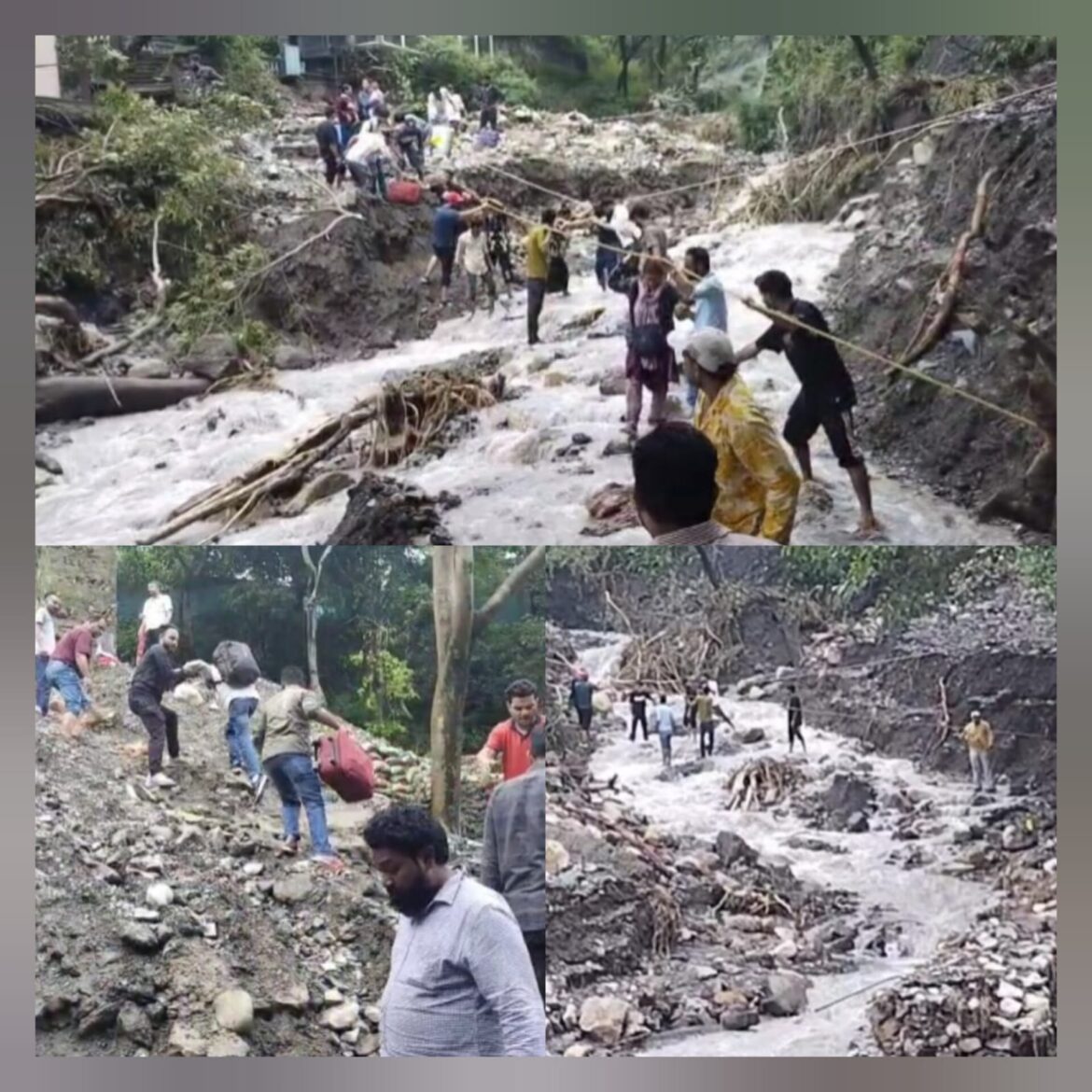 मसूरी-देहरादून मार्ग क्षतिग्रस्त, नदी पार कर रहे पर्यटक—स्थानीय युवाओं ने बढ़ाया मदद का हाथ