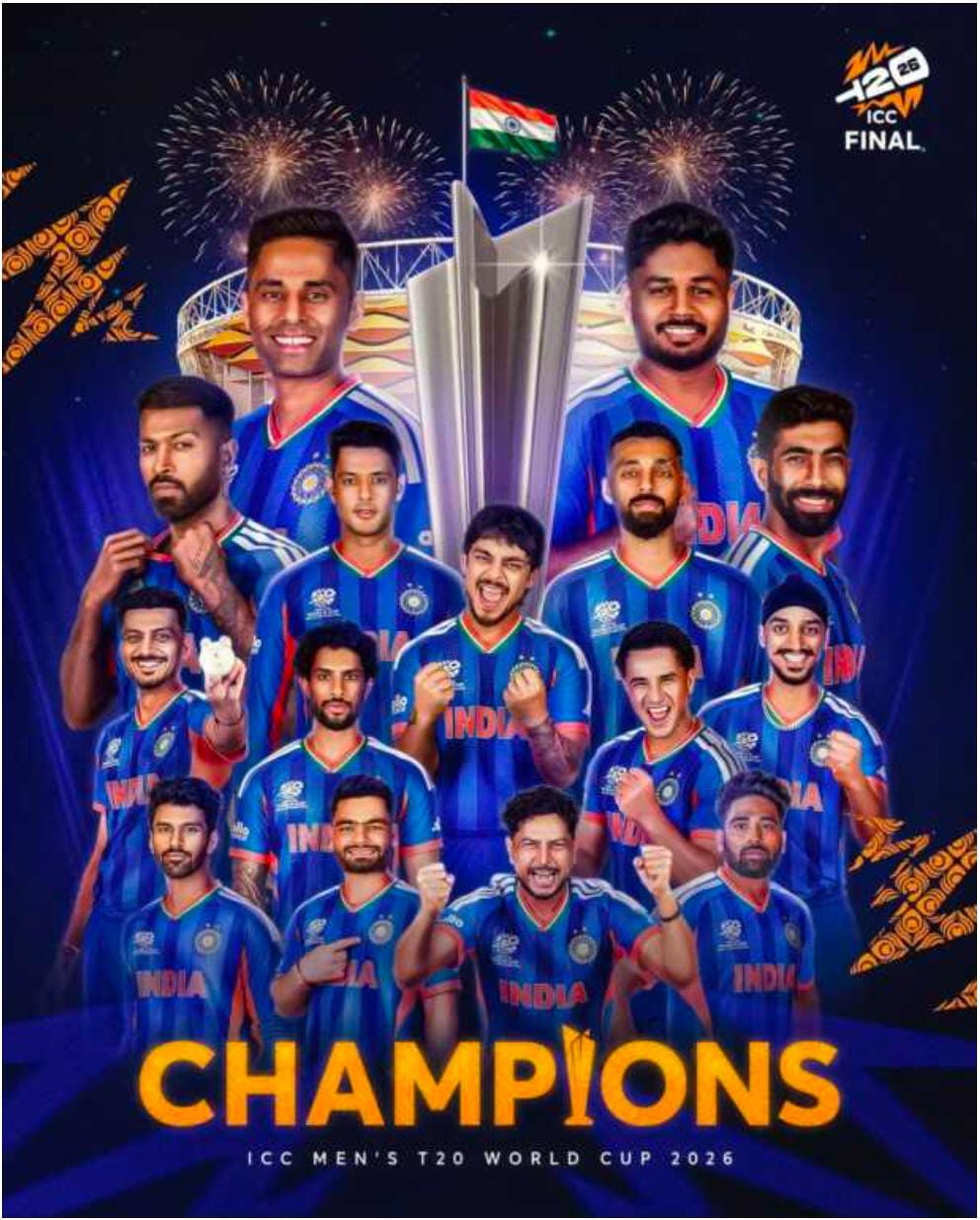 भारत बना टी-20 वर्ल्ड कप 2026 का चैंपियन, न्यूजीलैंड को 96 रन से हराया