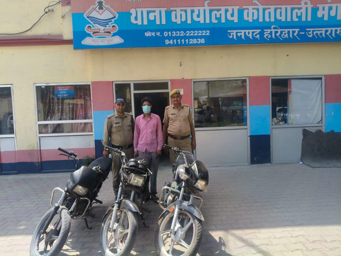 मंगलौर पुलिस को बड़ी सफलता, शातिर वाहन चोर गिरफ्तार, तीन चोरी की बाइक बरामद
