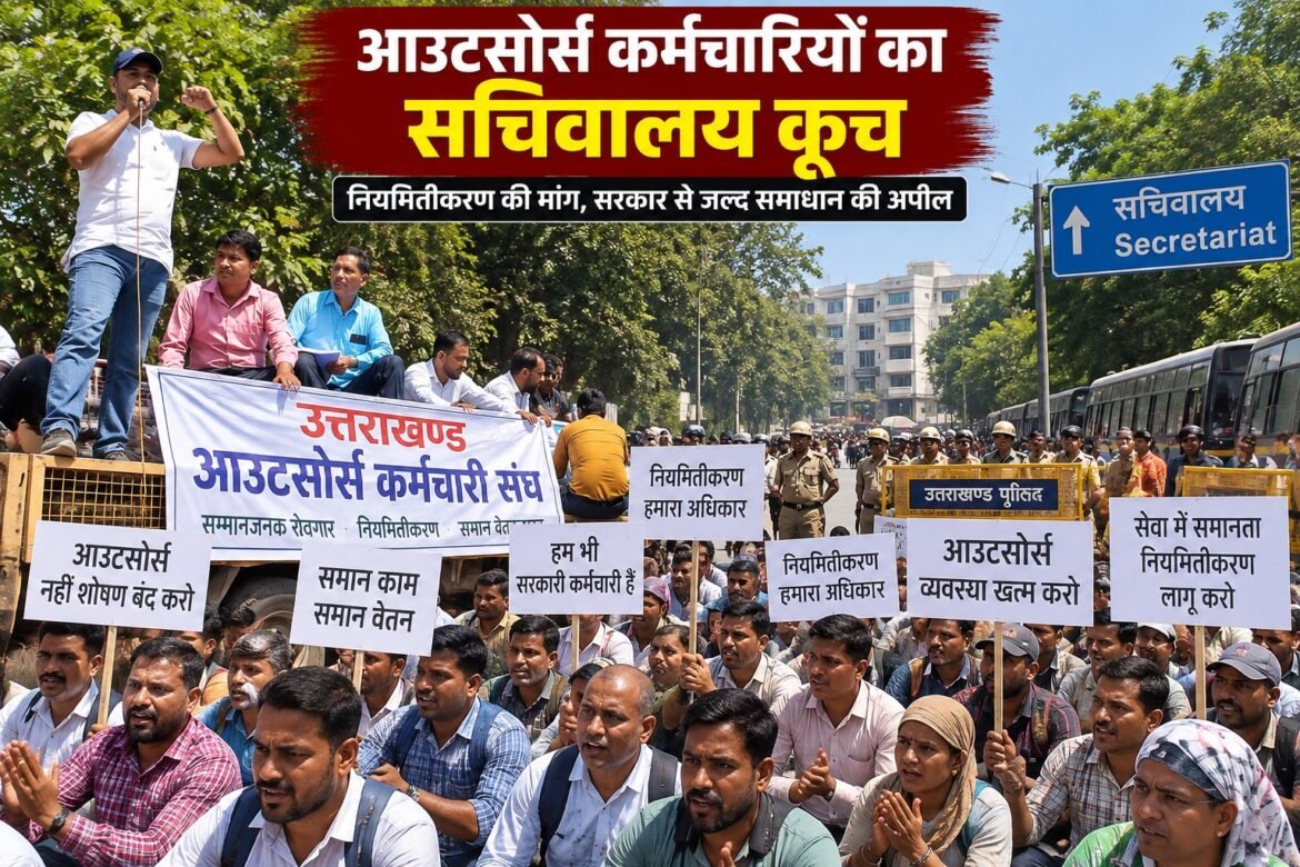 समान वेतन और नियमितीकरण की मांग को लेकर आउटसोर्स कर्मचारियों का सचिवालय कूच
