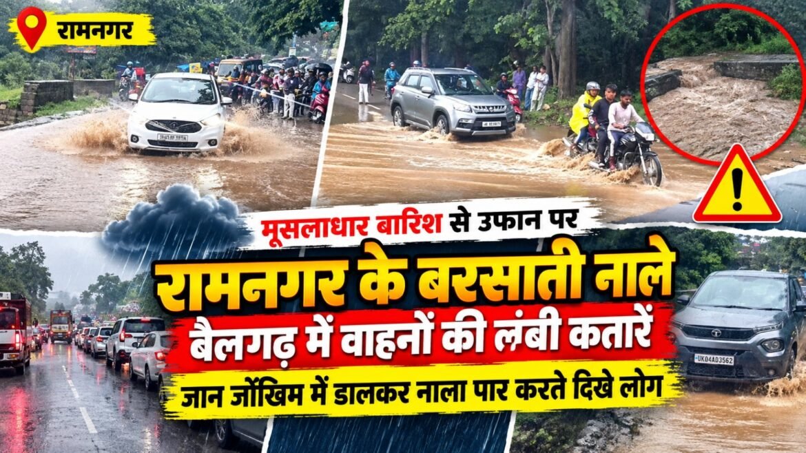 रामनगर में मूसलाधार बारिश से उफान पर आए बरसाती नाले, बैलगढ़ में वाहनों की लंबी कतारें, जान जोखिम में डालकर नाला पार करते दिखे लोग