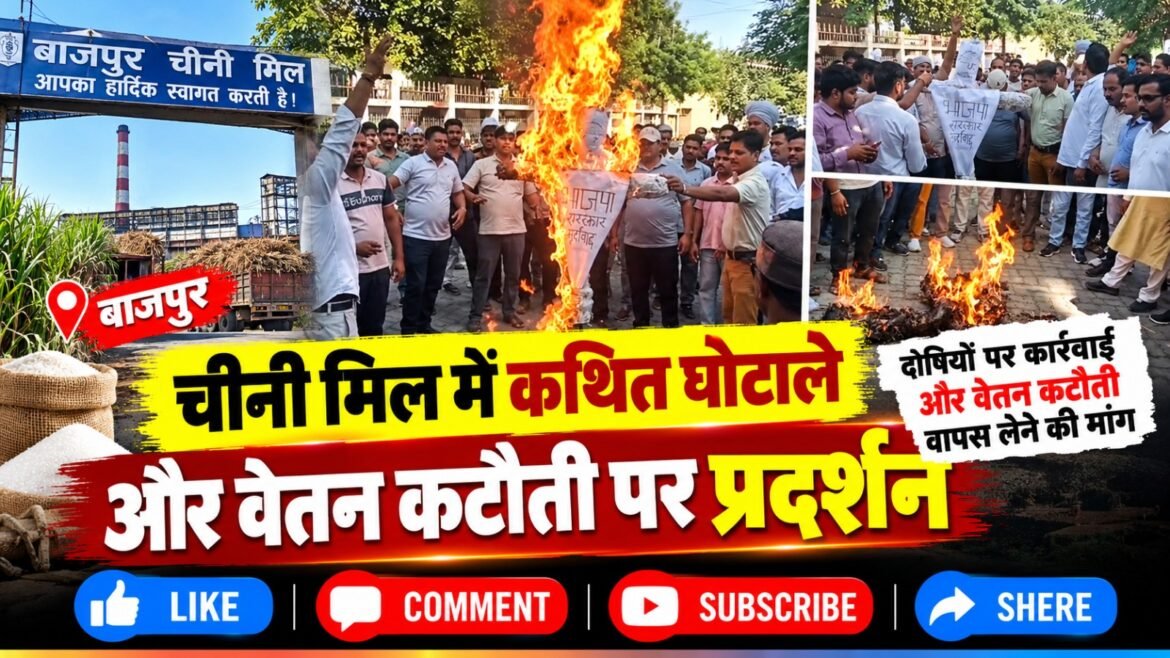 बाजपुर चीनी मिल में कथित स्क्रैप घोटाले और वेतन कटौती के विरोध में प्रदर्शन, भाजपा सरकार का पुतला फूंका